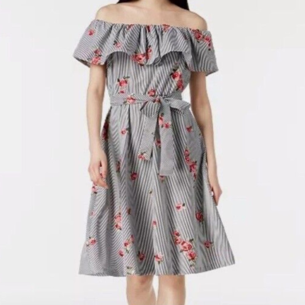 Calvin Klein Striped Floral Embroidered Off the Shoulder Dress Size 14 Tie Waist